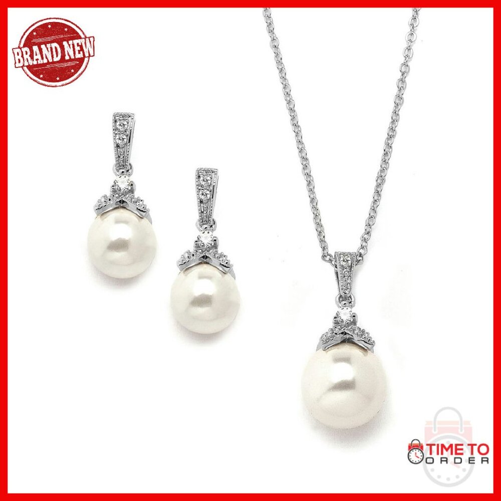 Pearl Drop Bridal Necklace Earrings Set With Cz Crystals For Wedding
